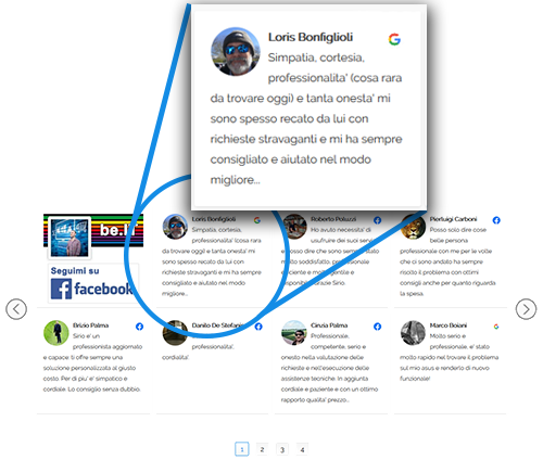 slider delle recensioni dei clienti sui social